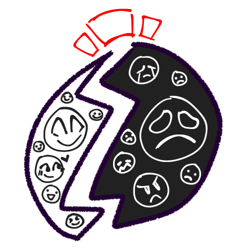 Two shattered halves of a round shape. The left half is white and has smiley faces displaying various positive emotions in it. The right half is black, and has frowny faces displaying various negative emotions in it. Red marks emphasize the top of the crack separating the halves. 